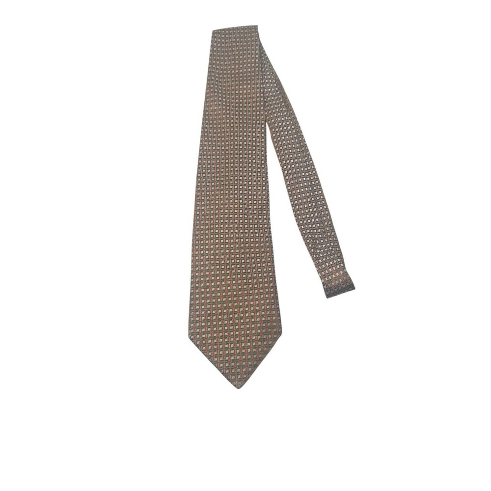 BROOKS BASICS Pure Silk Necktie Tie Geometric Orange, Green & Silver Made In USA